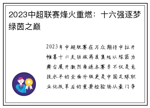 2023中超联赛烽火重燃：十六强逐梦绿茵之巅